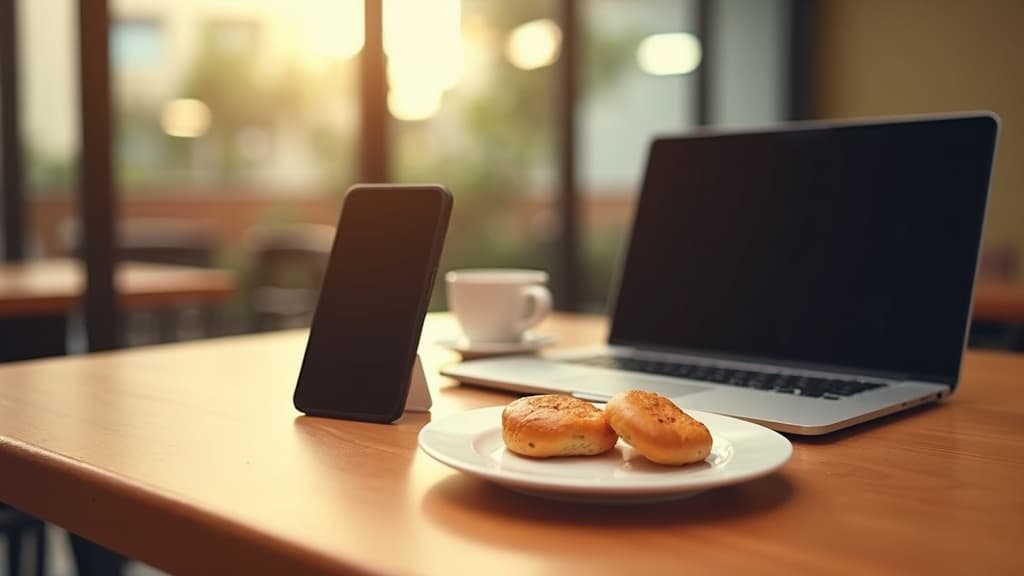 A smartphone propped beside a laptop on a sunlit cafe table in Brazil, next to a cup of cafezinho and a plate of pao de queijo