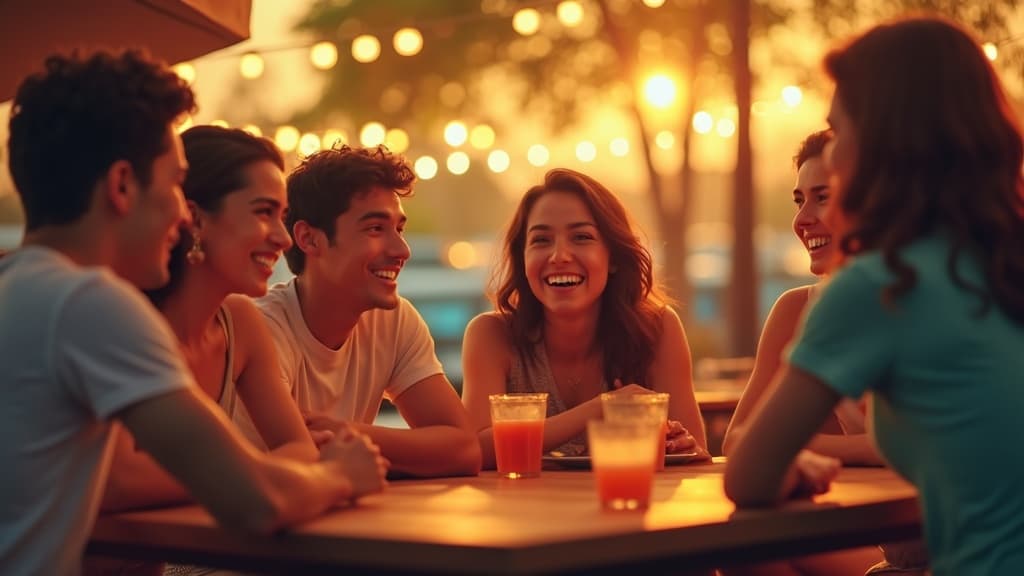 A group of Brazilian friends talking and laughing around a table at a casual bar, one person listening intently trying to follow the conversation