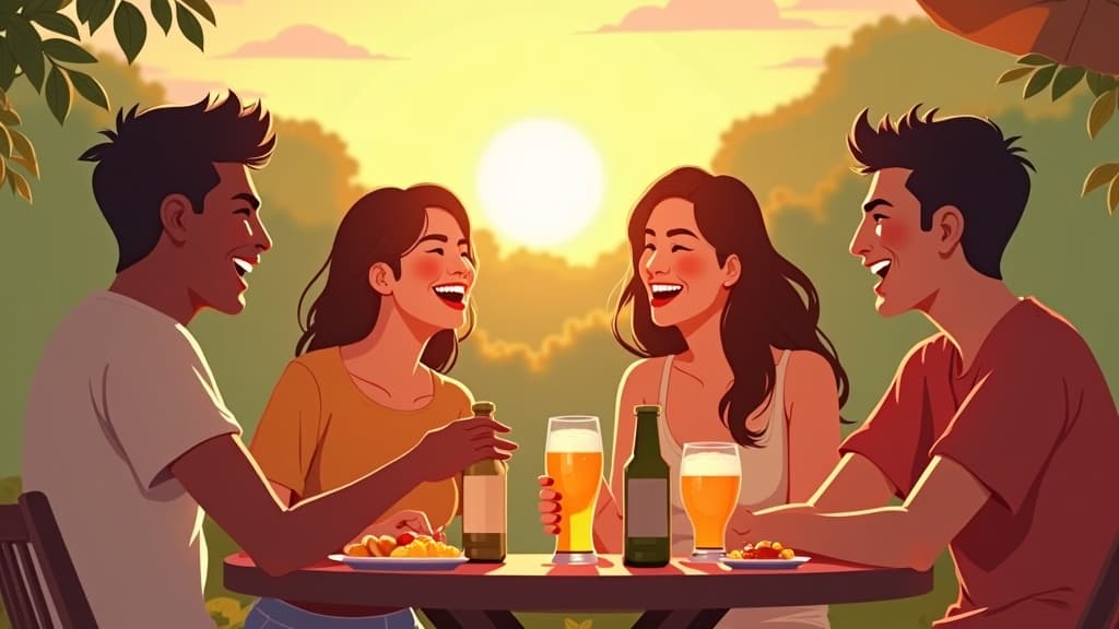 Four young Brazilian friends laughing together around a table at an outdoor boteco bar in warm late-afternoon light