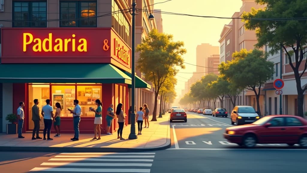 A busy São Paulo street corner at golden hour with a corner padaria and pedestrians talking, warm light and everyday atmosphere