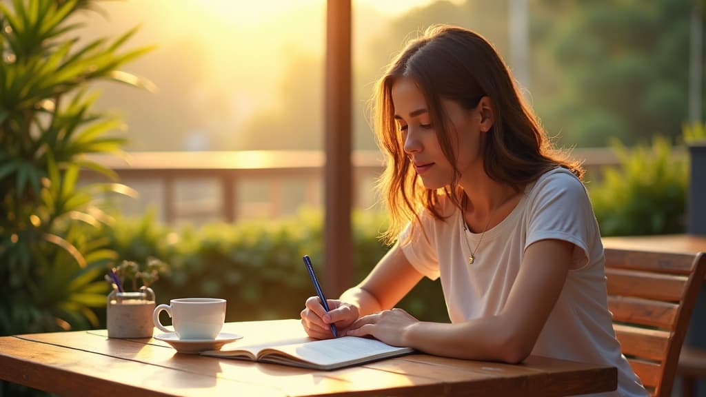 A language learner studying at a sunny cafe table in Brazil with a notebook and coffee