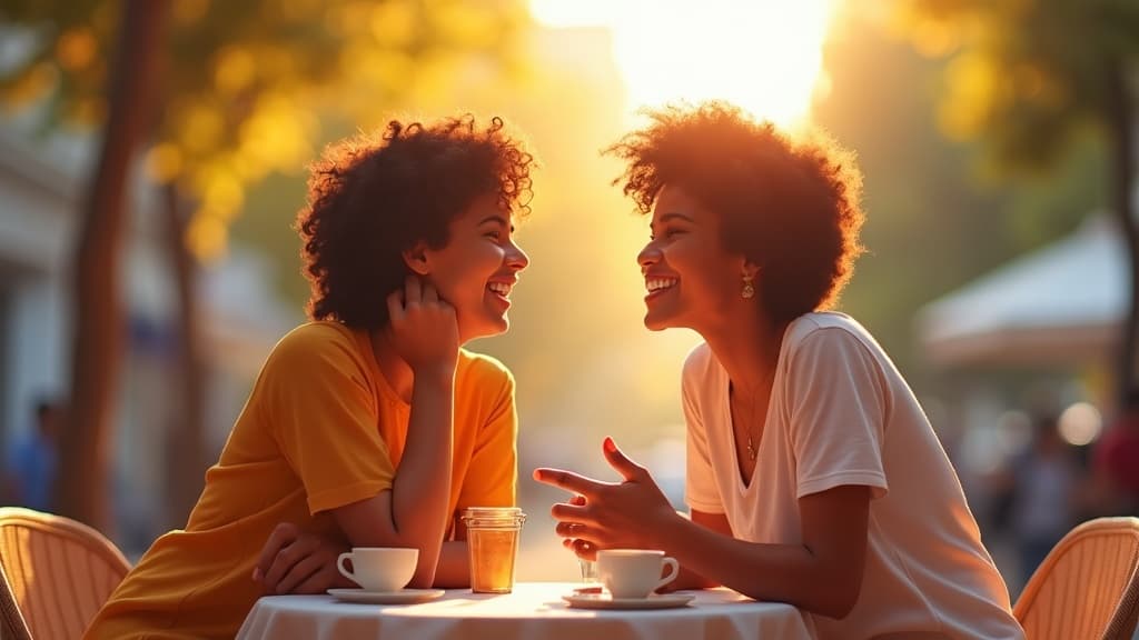 Two Brazilians greeting each other with a friendly cheek kiss at a sunny outdoor cafe