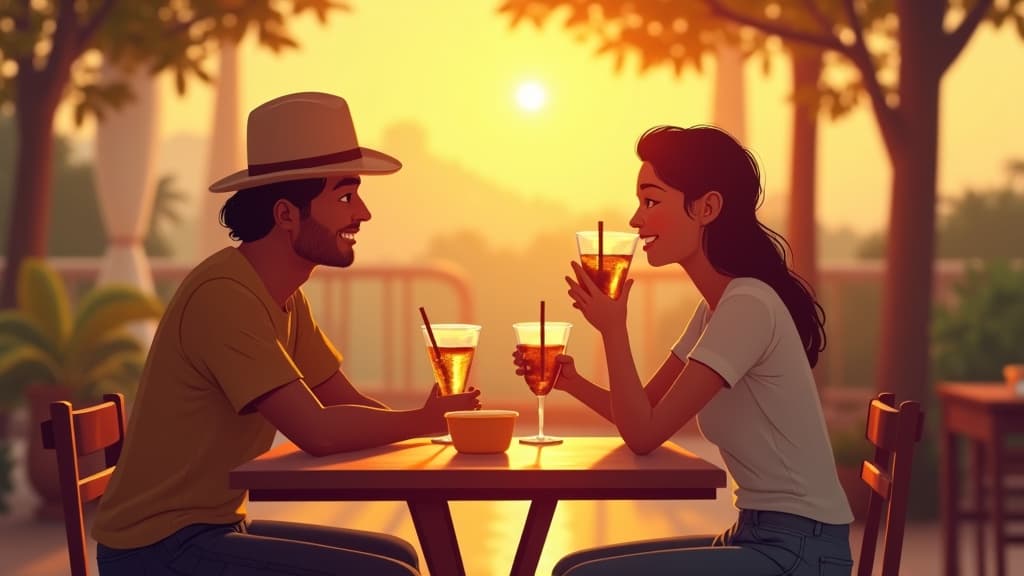 Two friends talking over cold drinks at an outdoor boteco table in Brazil, late afternoon light