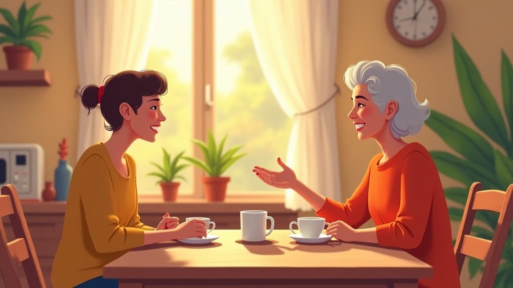 A younger person greeting an older woman warmly across a kitchen table in a Brazilian home, afternoon light